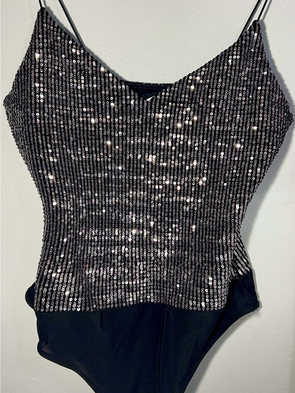 Black Sequin Spaghetti-Strap Camisole Bodysuit